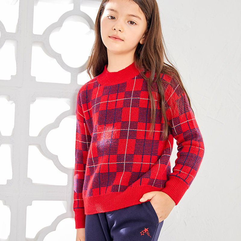 Plaid College Style Round Neck Long Sleeve Red Knitting Girls Pullover