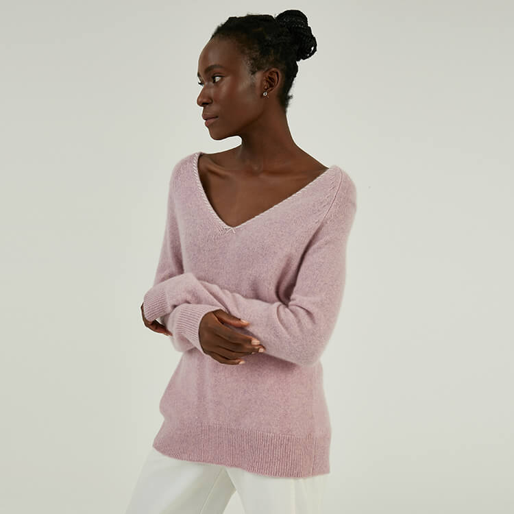 Manufacturer Custom 100% Cashmere Hand Stitching Pink V-neck Knitting Sweater