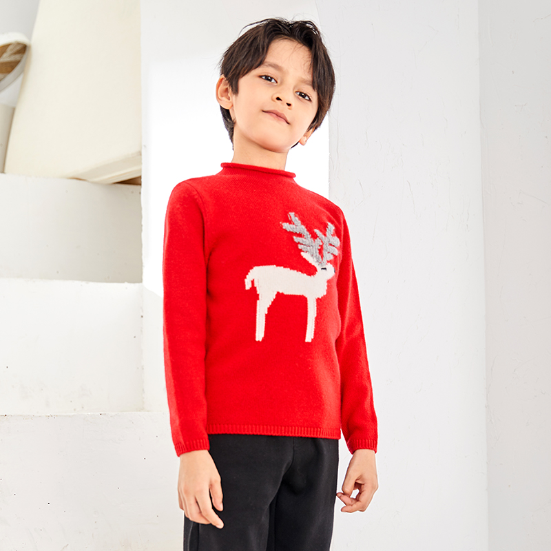Middle Neck Hem Long Sleeve Red Elk Pattern Decoration Boys Pullover Sweater