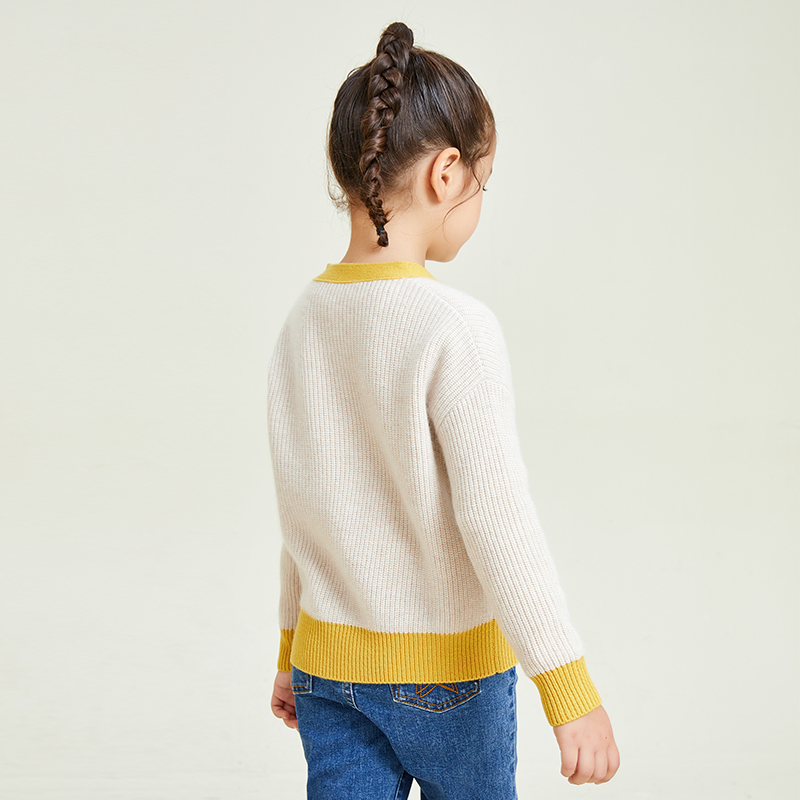 Yellow Contrast Stitching Knitting V-neck Long Sleeve Girls\' Sweater Cardigan
