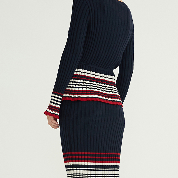 Autumn Winter Pure Cashmere Round Neck Bell Cuff Cardigan Skirt Knitting Needles Women Knit Set