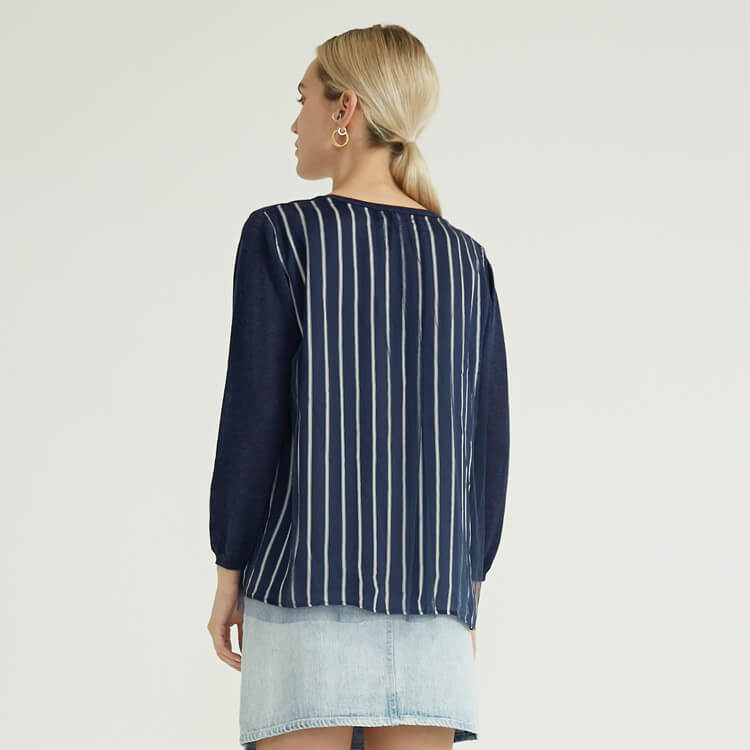 Blue Crew Neck Back Striped Tulle Design Knitted Pullover Women Knit Sweater