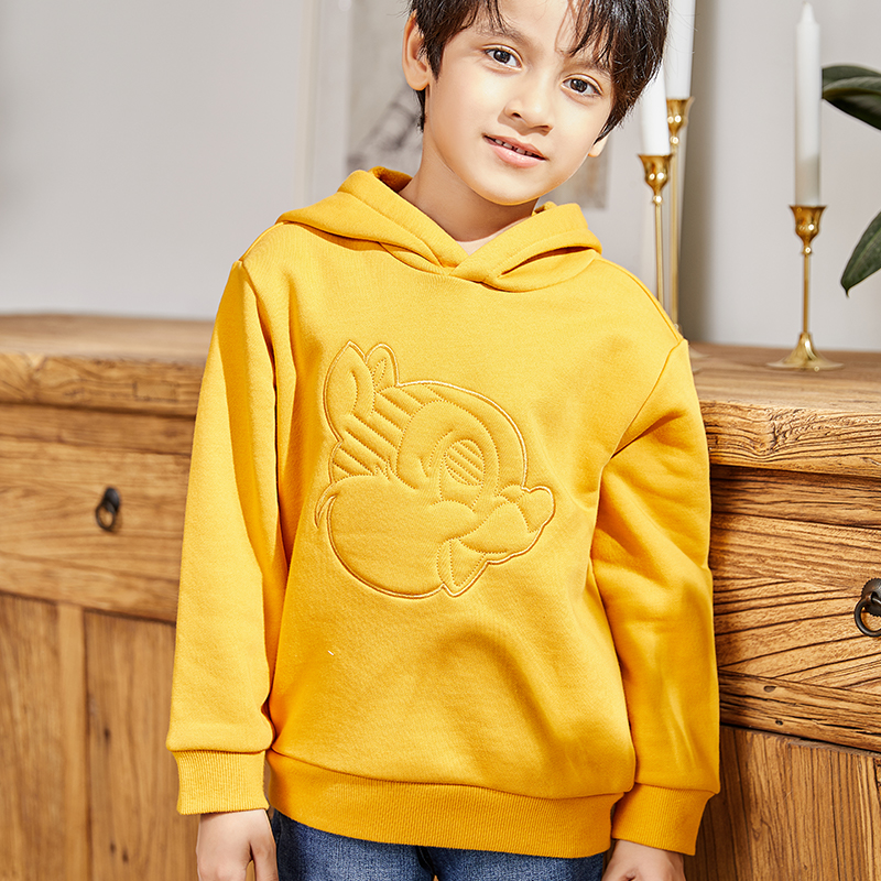 Yellow Hooded Pullover Squirrel Embellished Boy\'s Sweatshirt