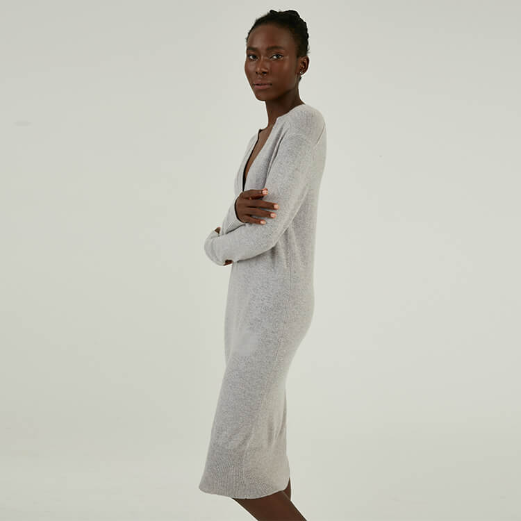 Customized Women 100% Cashmere Deep V-neck Long Sleeve Knit Midi Dress