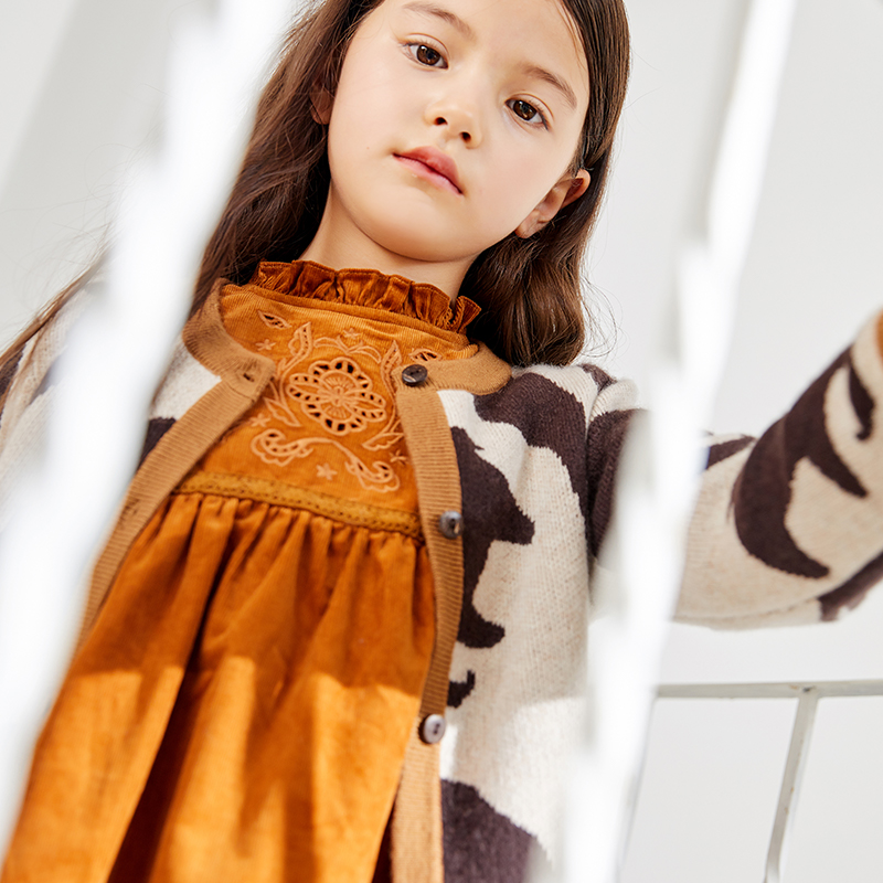 Long sleeve round neck knitted jacquard brown autumn winter girls cardigan