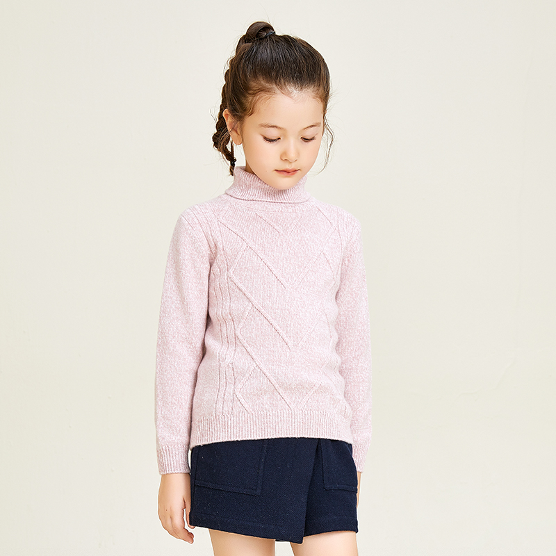 Long Sleeve High Neck Diamond Pattern Knitted Girls Pullover Sweater