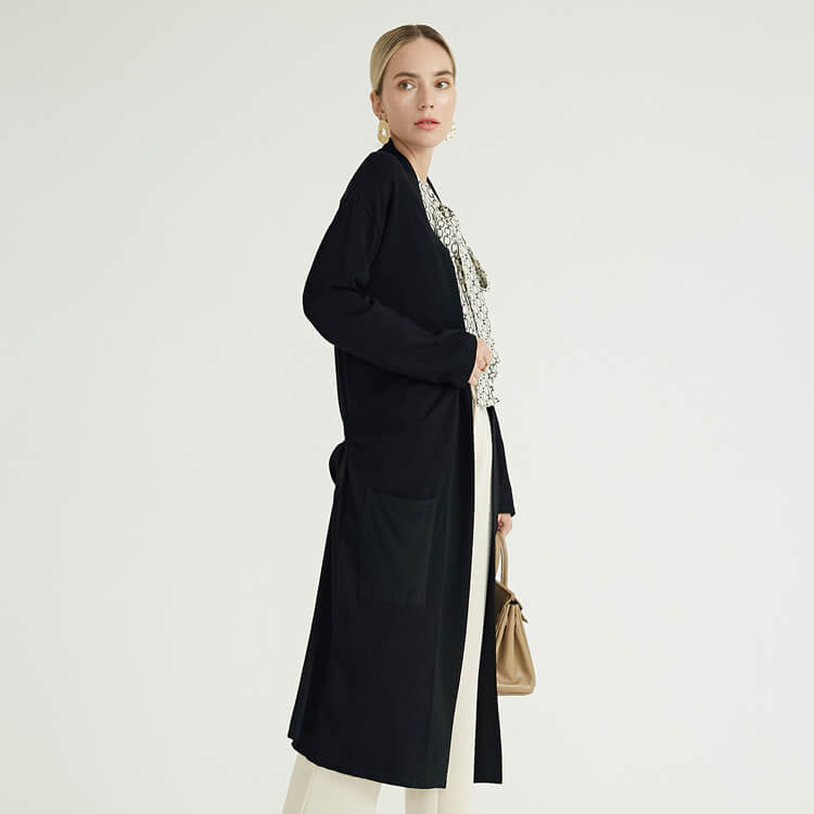 Fashion Black Casual Long Womens Coat Knitting Machine Knitted Cardigan