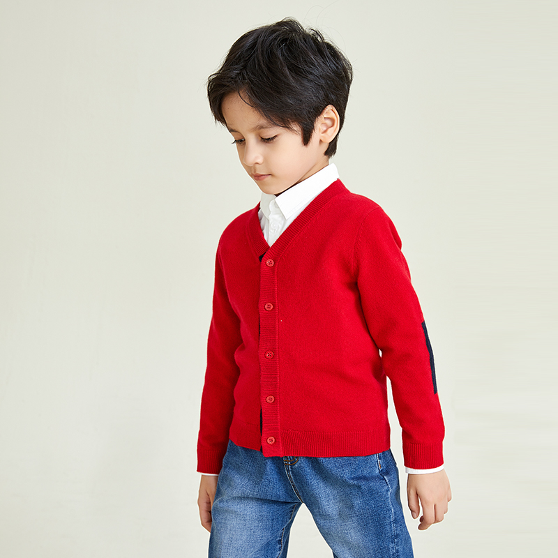 Classic Style Long Sleeve V-neck Knitted Red Button Boys Cardigan