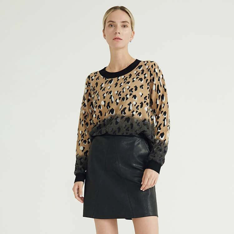 Leopard Printing Crew Neck Pure Casual Women Knit Cashmere Knitted Pullover Sweaters