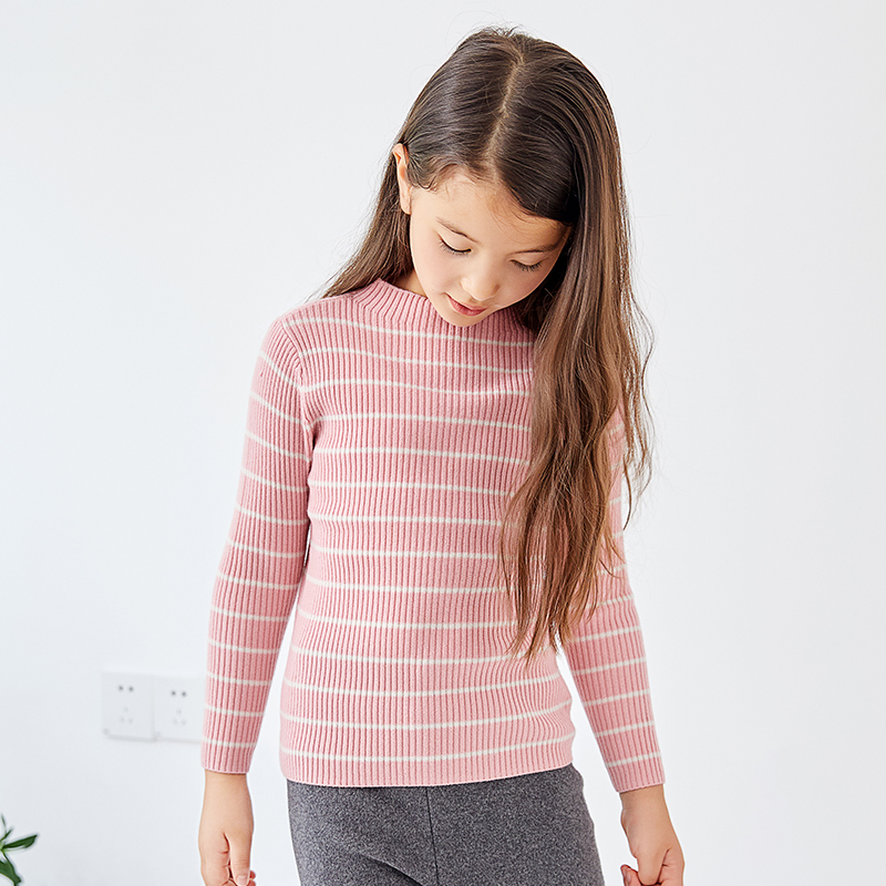 Girls\' Pink And White Striped Long-sleeved Knit Pullover With Round Neck