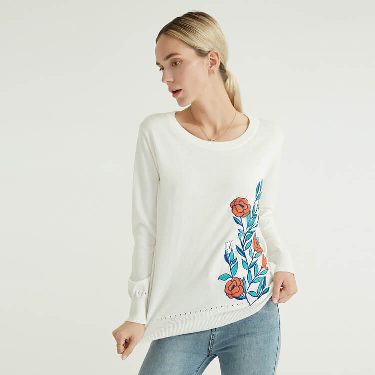 Solid Color Printing Simple Commuter Cotton Pullover Sweater For Women