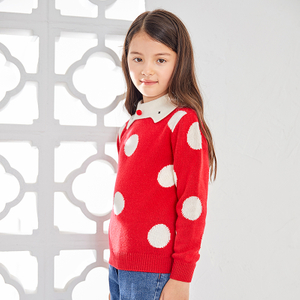 Round Neck Long Sleeve Red White Dot Adorned Cute Collar Sweater