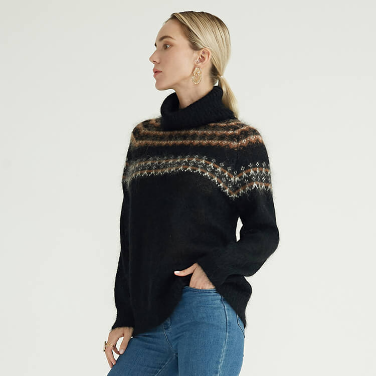 Black Long Sleeve Turtle Neck High Collar Luxury Custom Knitted Luxury Women\'s Mohair Sweater