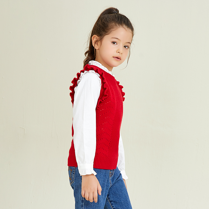Girls\' Round Neck Sleeveless Pullover Vest With Knitted Ear Edge Design